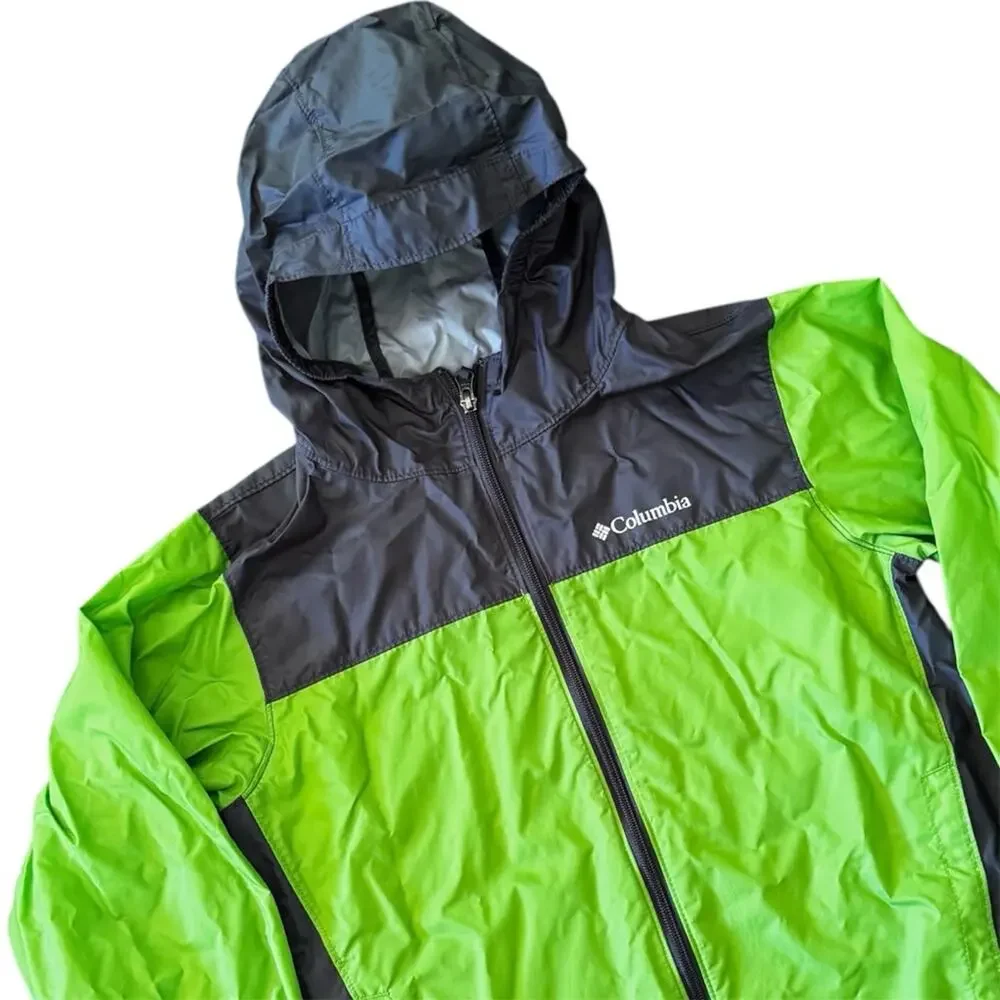 Columbia Kids’ Lime Green Charcoal Hooded Lightweight Jacket Wind Rain L 14/16